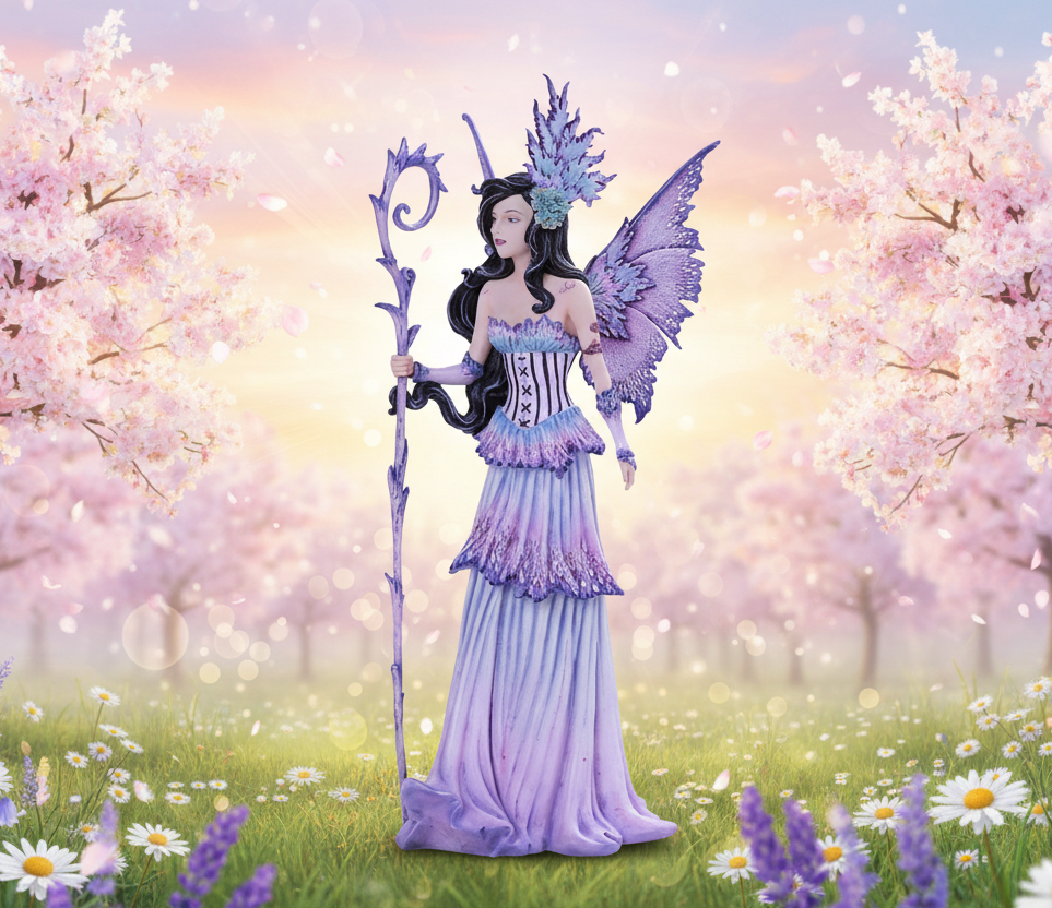 Fantasy fairy figurine with purple dress and wings holding a staff on a white background
