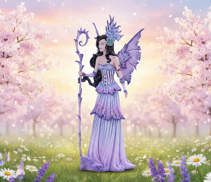 Fantasy fairy figurine with purple dress and wings holding a staff on a white background