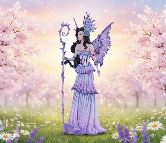 Fantasy fairy figurine with purple dress and wings holding a staff on a white background
