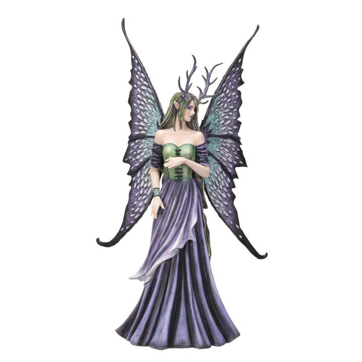Fantasy figurine of a fairy with antlers and purple wings on a white background