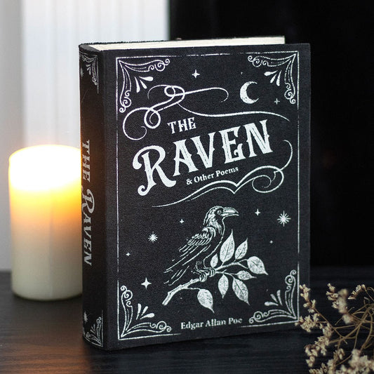 Book titled 'The Raven' by Edgar Allan Poe with decorative cover design on a dark background.