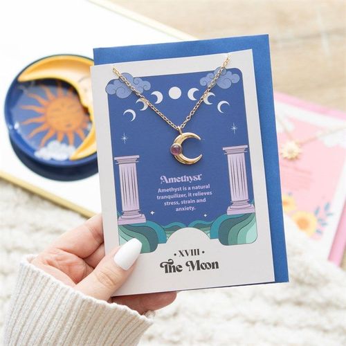 Amethyst moon necklace on The Moon tarot-inspired card