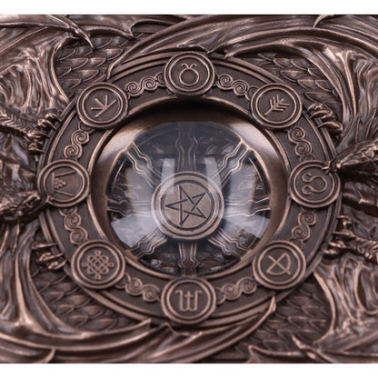 Close up view of top of Dragons of the Sabbats box with Wheel of the Year design