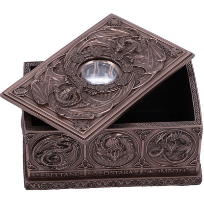 Closer view of open dragon tarot box showing inner storage space