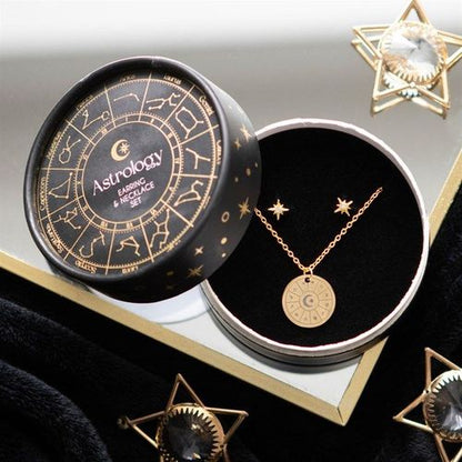 Astrology jewellery set with zodiac pendant and starburst earrings