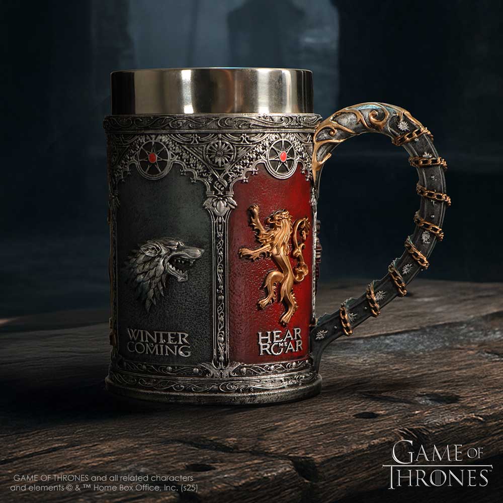 Decorative tankard with Game of Thrones emblems on a dark background