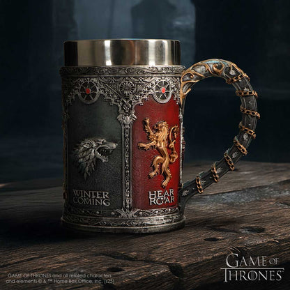 Decorative tankard with Game of Thrones emblems on a dark background