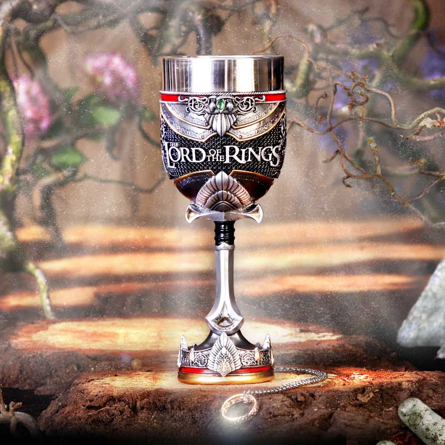 Goblet with 'Lord of the Rings' branding on a fantasy-themed background