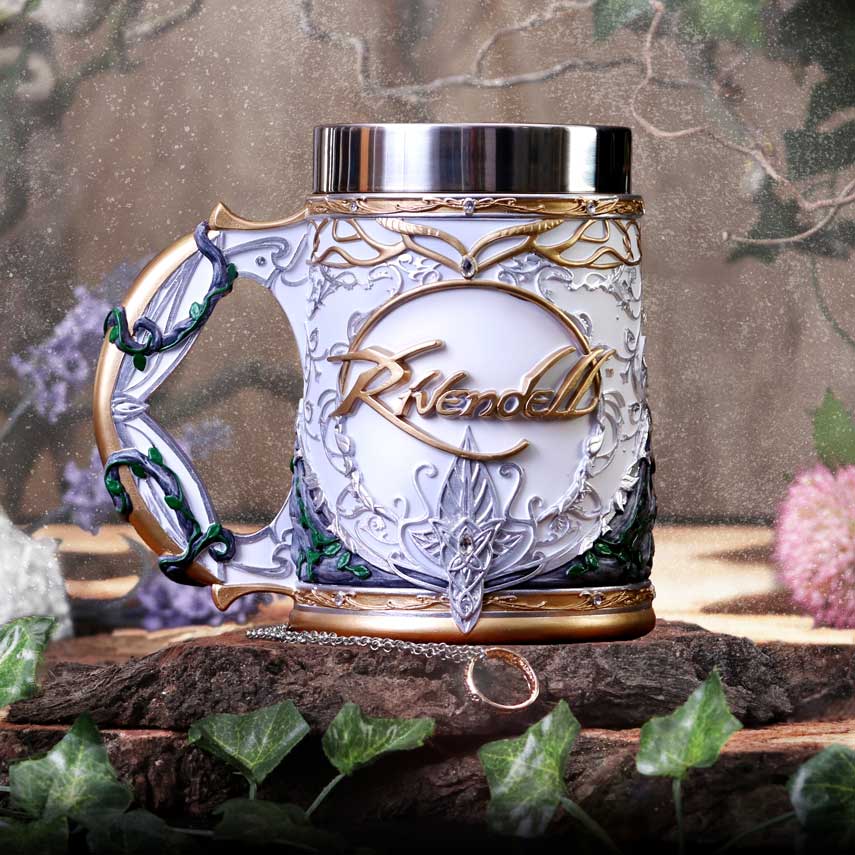 Decorative mug with 'Rivendell' text on a natural background