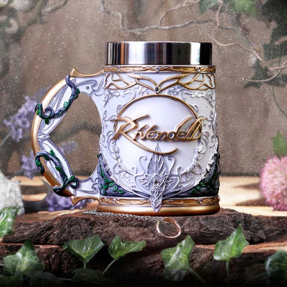 Decorative mug with 'Rivendell' text on a natural background