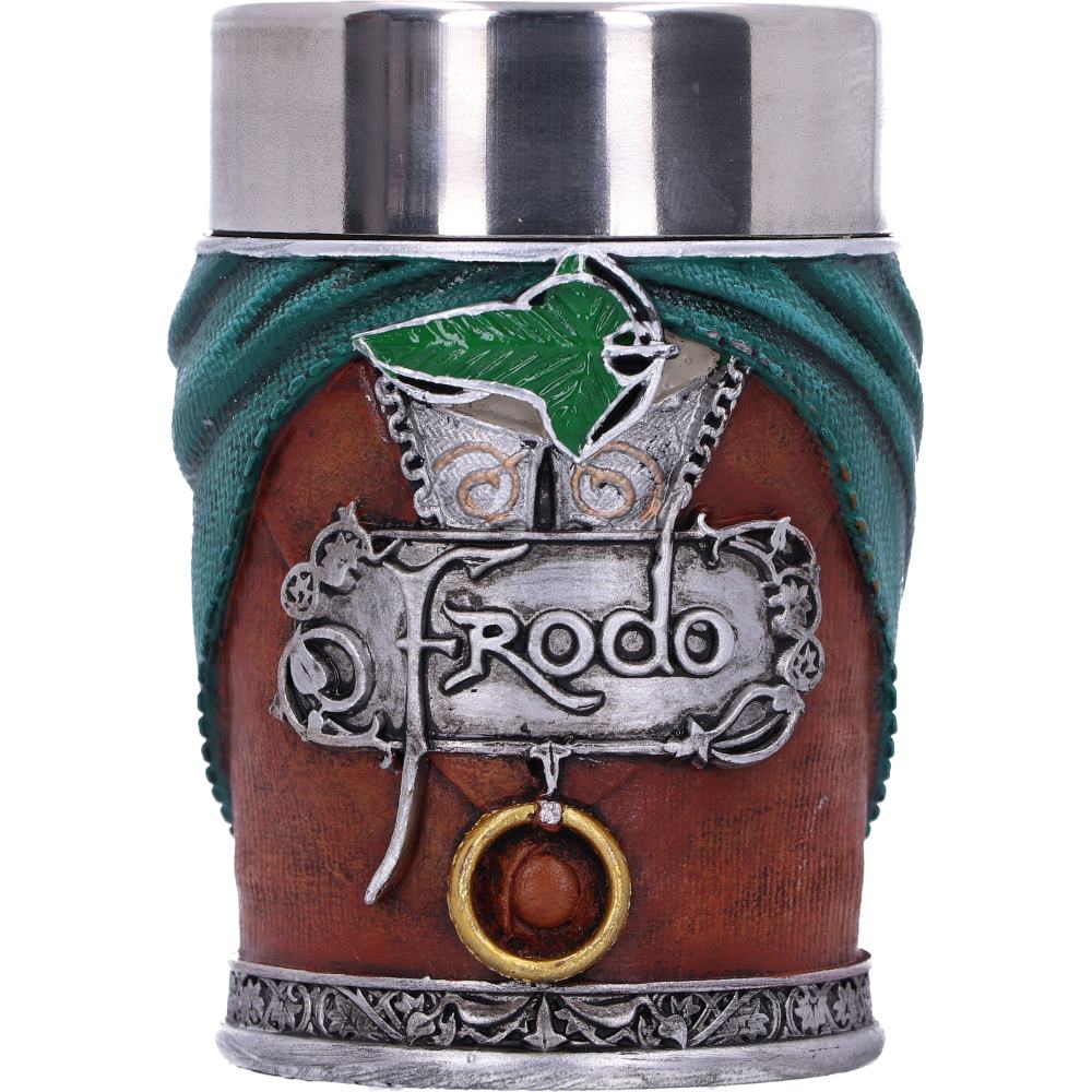Decorative container with 'Frodo' design on a white background