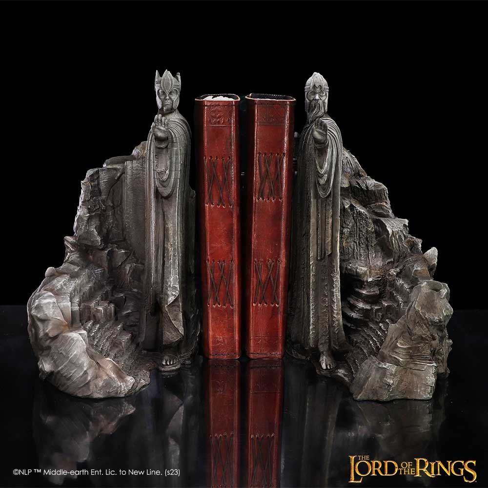 Bookends resembling characters from 'The Lord of the Rings' with red books between them on a black background.
