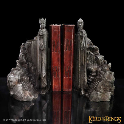 Bookends resembling characters from 'The Lord of the Rings' with red books between them on a black background.