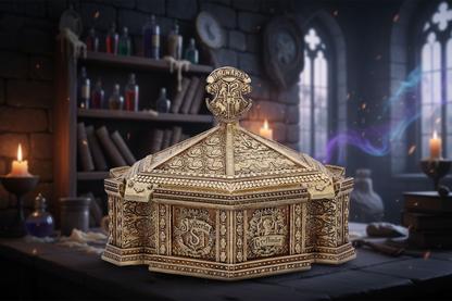 A bronze-colored Harry Potter Hogwarts trinket box with intricate designs and the Hogwarts crest on the lid.