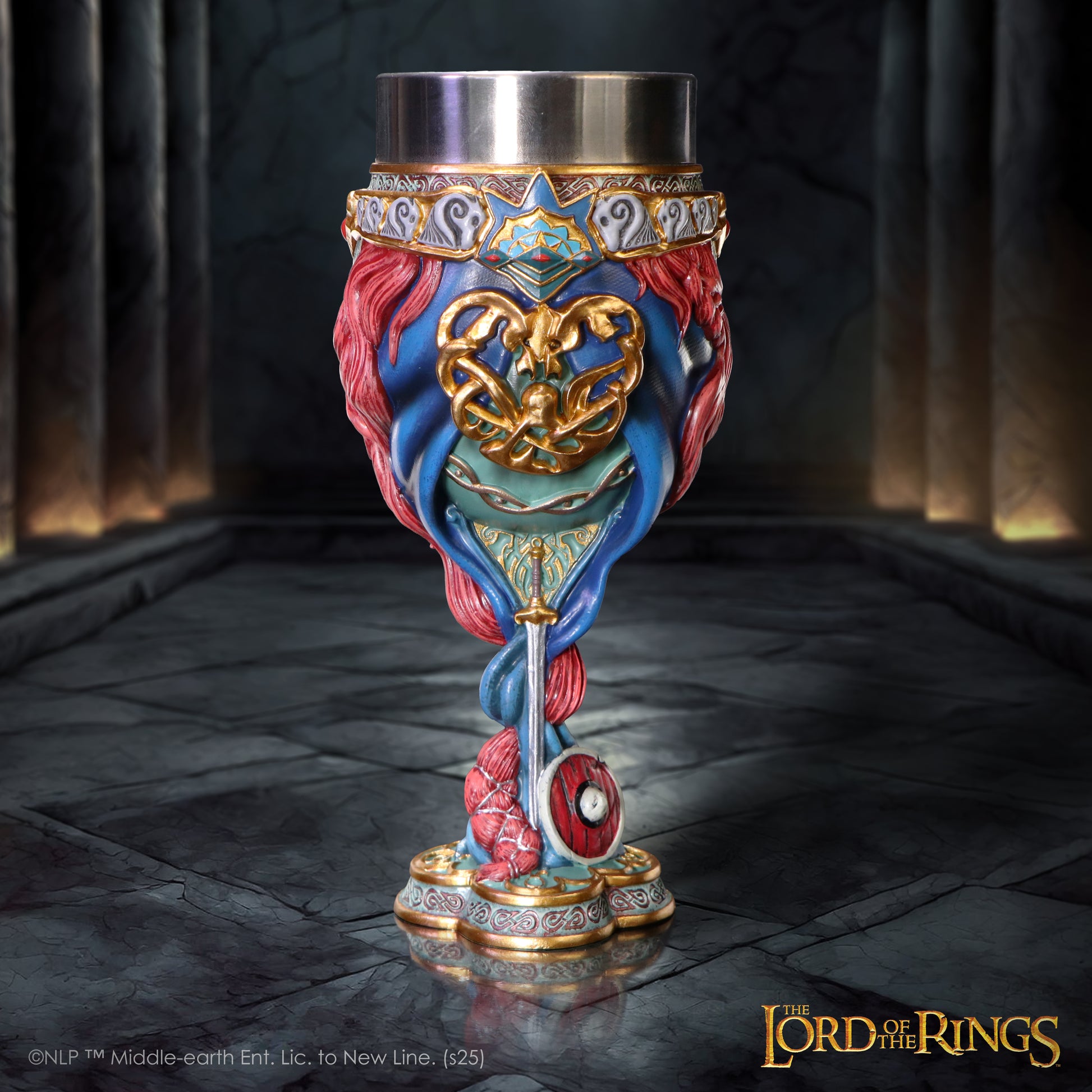 Decorative goblet with intricate designs on a dark stone floor, featuring 'The Lord of the Rings' branding.