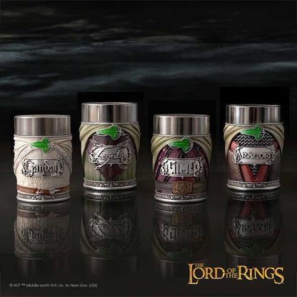 Four decorative metal canisters from The Lord of the Rings series displayed side by side on a dark reflective surface. The canisters feature silver lids and bodies with detailed fantasy-themed wraps in beige, green, purple, and red, each showing a different ring design and the title of the corresponding faction.