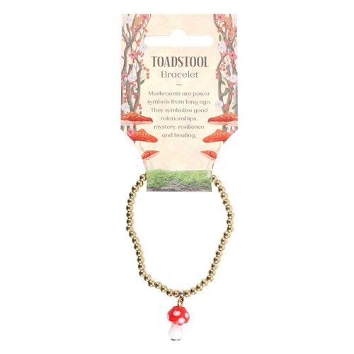 Gold beaded toadstool charm bracelet with mushroom pendant