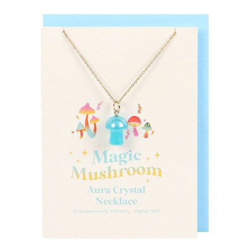 Blue aura crystal mushroom necklace on gift card with envelope