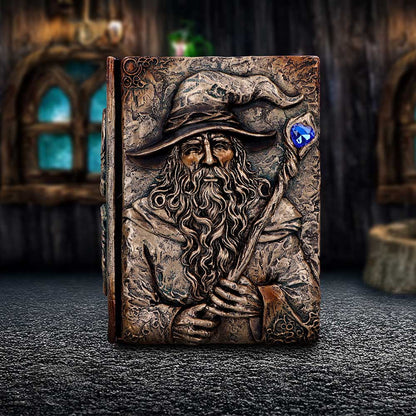 Decorative book with a wizard illustration on a dark surface