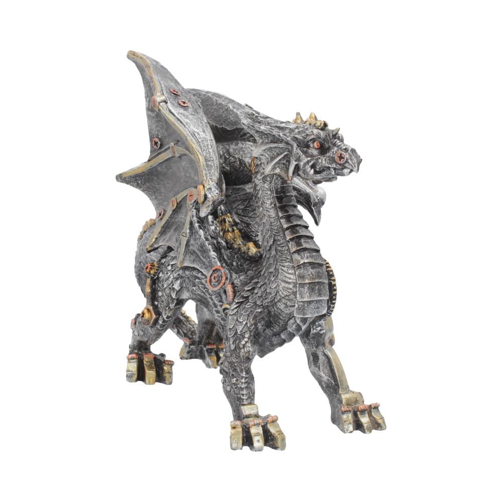 Front view of Dracus Machina steampunk dragon statue