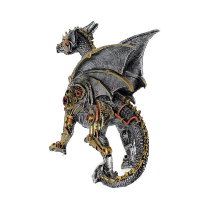 Back view of large Dracus Machina steampunk dragon statue