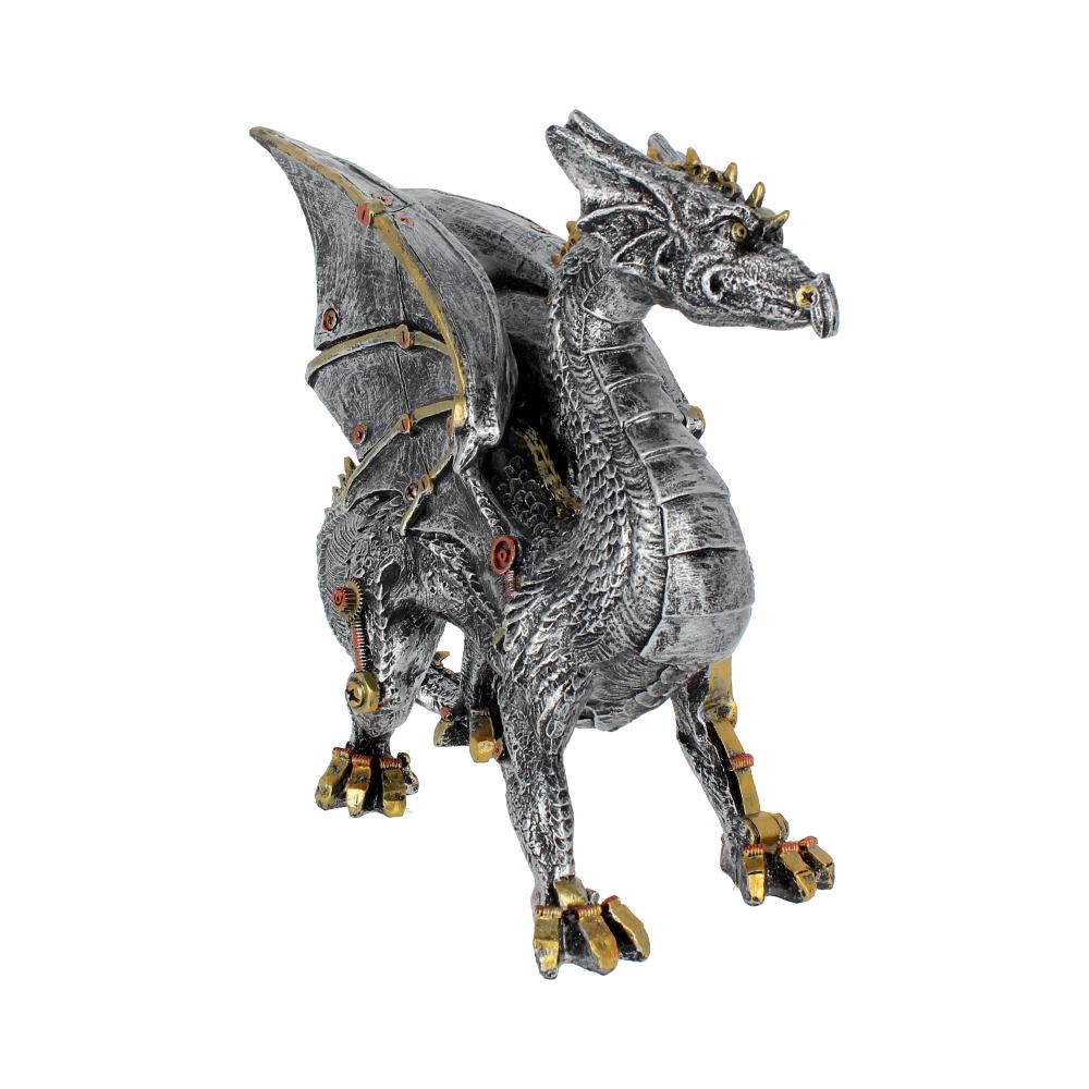 Front view of large Dracus Machina steampunk dragon statue