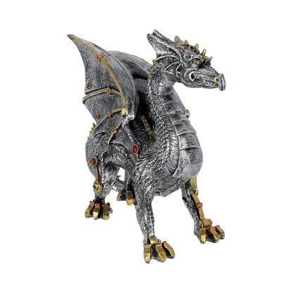 Front view of large Dracus Machina steampunk dragon statue