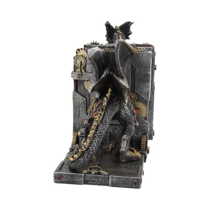Back view of mechanical dragon bookends with scaly tail