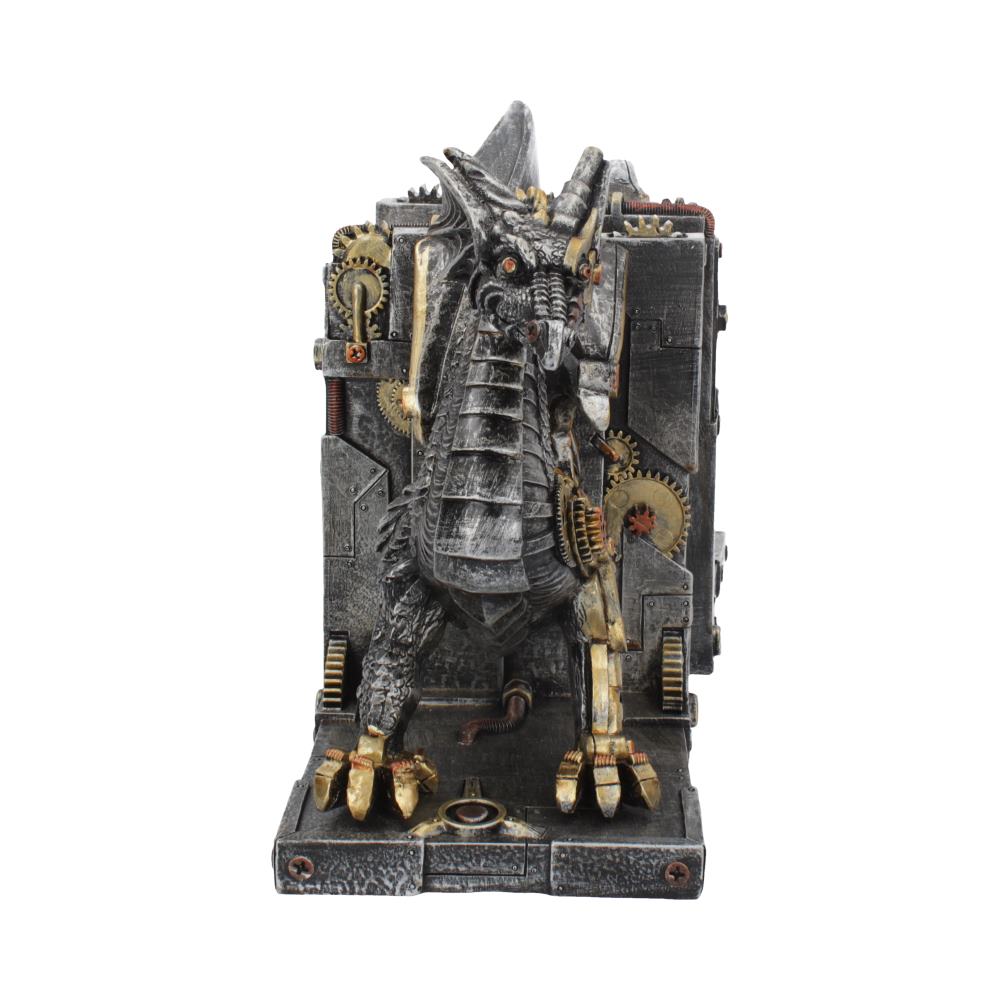 Front view of steampunk style mechanical dragon bookends
