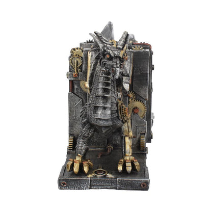 Front view of steampunk style mechanical dragon bookends