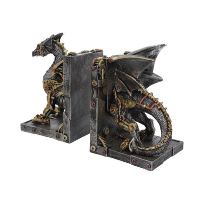 Alternative side view of steampunk dragon bookends with metallic split design