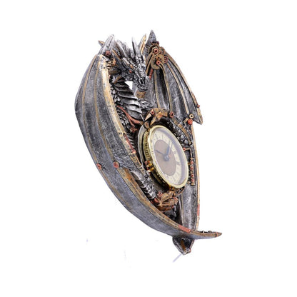 Alternative angled view of clockwork dragon gripping clock, showing sculpted resin detail