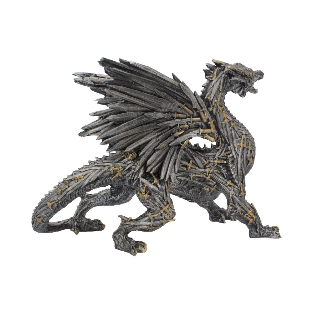 Side view of sword-themed dragon figure with sculpted wings