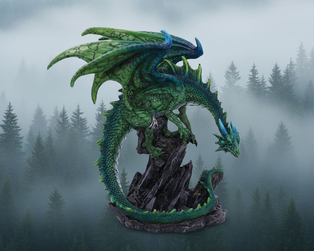 Green dragon statue on a log with a forest background