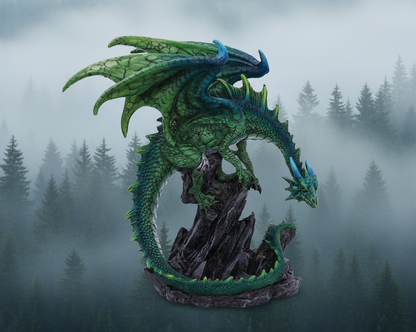 Green dragon statue on a log with a forest background
