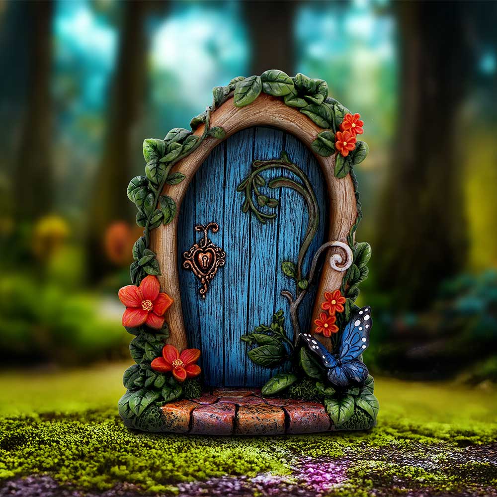 Fantasy fairy door with floral decorations in a forest setting