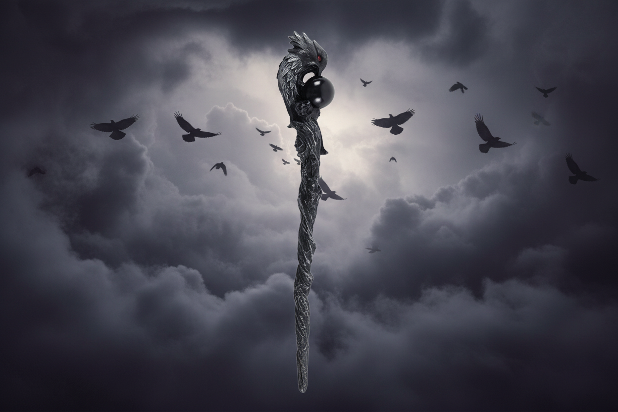 A black wand with a twisted design and a raven perched on top.