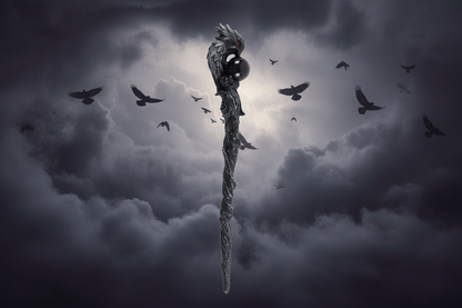 A black wand with a twisted design and a raven perched on top.